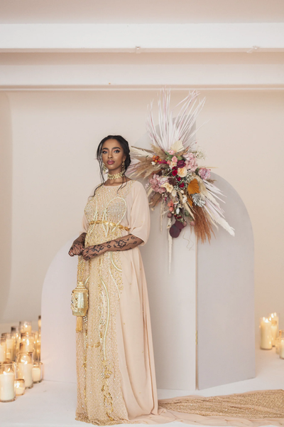 Light Gold Bridal Somali Dirac Elegant Handmade Embroidery Gold Stone Beaded Wedding Dirac For Women