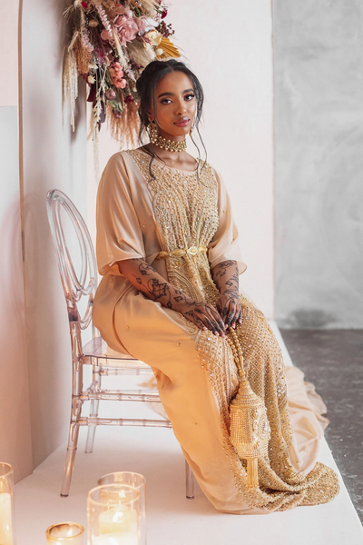 Light Gold Bridal Somali Dirac Elegant Handmade Embroidery Gold Stone Beaded Wedding Dirac For Women