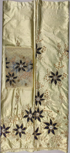 Golden Shimmer Fabrics with Golden Pearl Beaded Hand Work High Quality Handwork Tube Beaded Work With Light Weight African George Wrappers