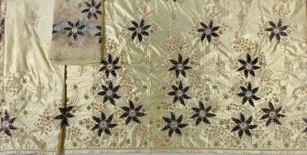 Golden Shimmer Fabrics with Golden Pearl Beaded Hand Work High Quality Handwork Tube Beaded Work With Light Weight African George Wrappers