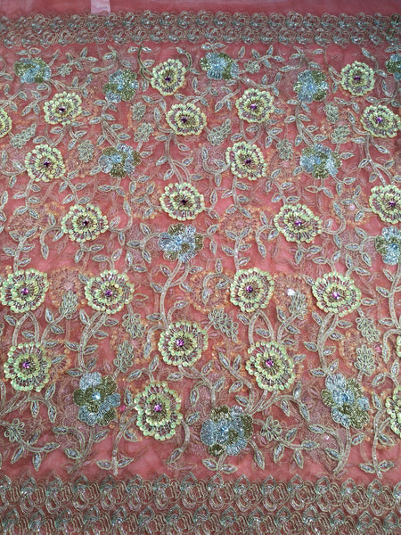 Super Quality Heavy Sequences And Stone Beaded Mesh Net Lace Fabric For Wedding And Evening Gown Fabric