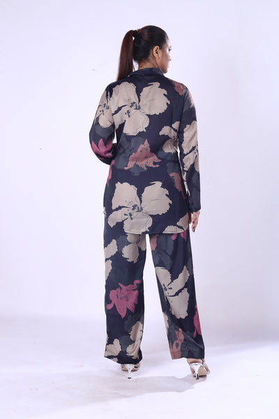 Evening Stylish Co-Ord Set Outfit Dark Toned Floral Print Shirt And Pants For Women