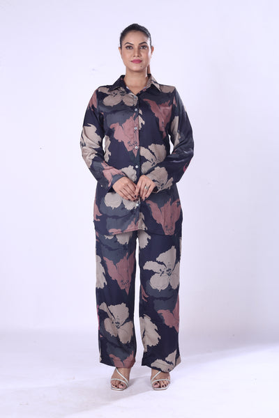 Evening Stylish Co-Ord Set Outfit Dark Toned Floral Print Shirt And Pants For Women
