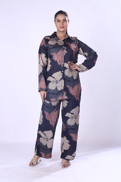 Evening Stylish Co-Ord Set Outfit Dark Toned Floral Print Shirt And Pants For Women