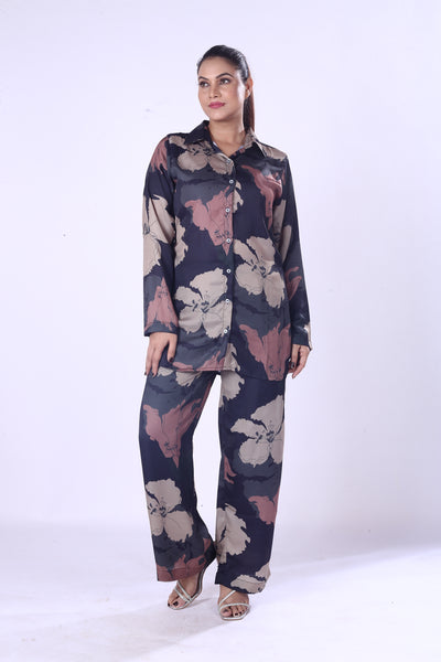 Evening Stylish Co-Ord Set Outfit Dark Toned Floral Print Shirt And Pants For Women