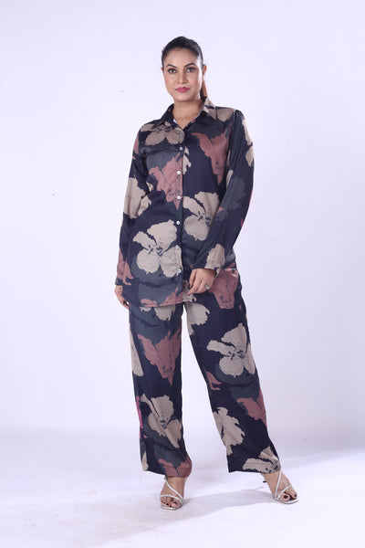 Evening Stylish Co-Ord Set Outfit Dark Toned Floral Print Shirt And Pants For Women