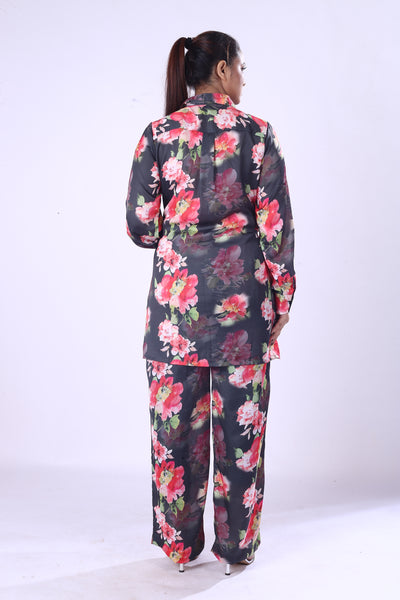 Women Full Sleeve Shirt And Fit Pants Black Full Set Red & Pink Floral Satin Co-Ord Set