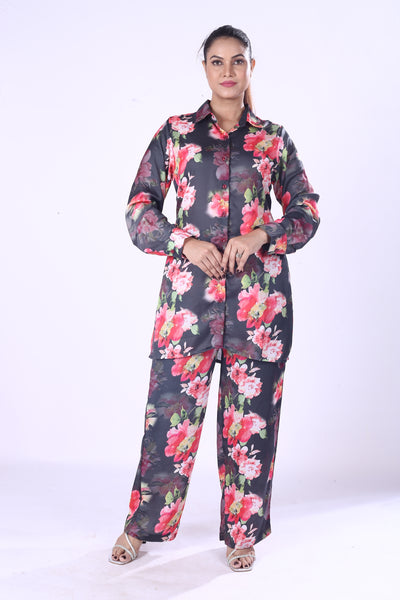 Women Full Sleeve Shirt And Fit Pants Black Full Set Red & Pink Floral Satin Co-Ord Set
