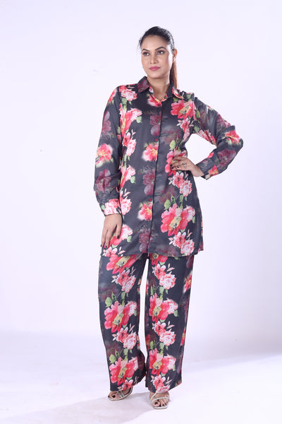 Women Full Sleeve Shirt And Fit Pants Black Full Set Red & Pink Floral Satin Co-Ord Set
