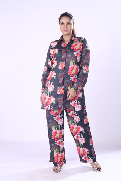 Women Full Sleeve Shirt And Fit Pants Black Full Set Red & Pink Floral Satin Co-Ord Set