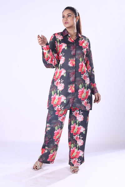 Women Full Sleeve Shirt And Fit Pants Black Full Set Red & Pink Floral Satin Co-Ord Set