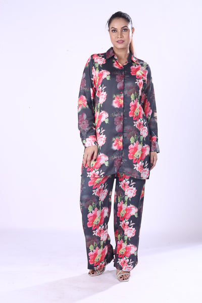 Women Full Sleeve Shirt And Fit Pants Black Full Set Red & Pink Floral Satin Co-Ord Set