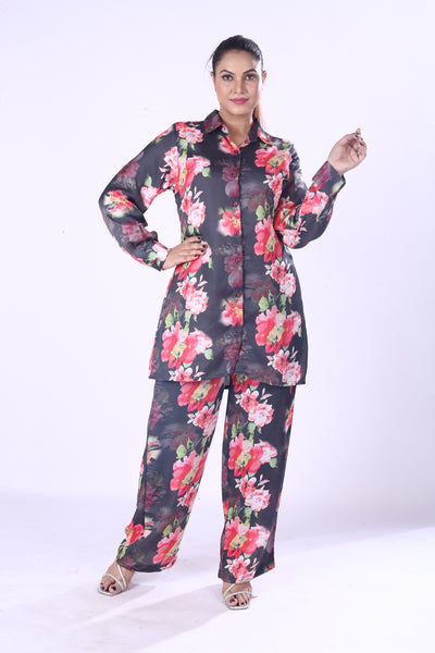 Women Full Sleeve Shirt And Fit Pants Black Full Set Red & Pink Floral Satin Co-Ord Set