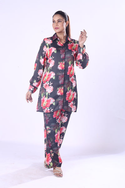 Women Full Sleeve Shirt And Fit Pants Black Full Set Red & Pink Floral Satin Co-Ord Set