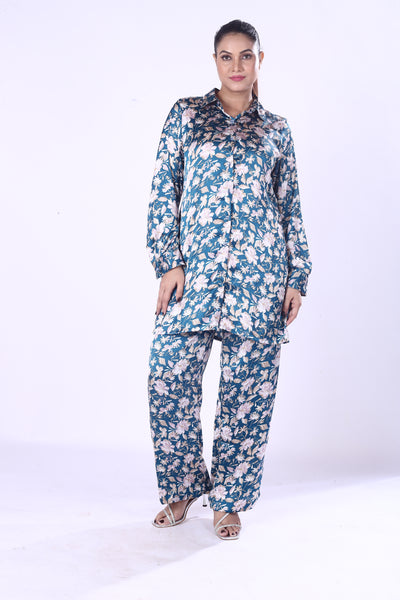 Soft And Smooth Blue Floral Print Co-Ord Set Zaara Poly For Women And Girls