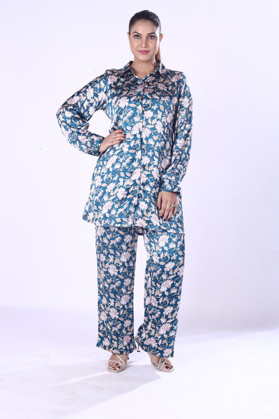 Soft And Smooth Blue Floral Print Co-Ord Set Zaara Poly For Women And Girls