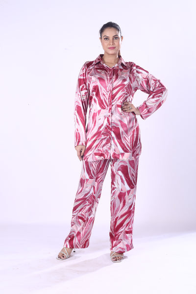 Eye-Catching Leaf Print Design Glossy Shine Pink And White Co-Ord Set