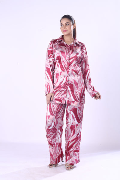 Eye-Catching Leaf Print Design Glossy Shine Pink And White Co-Ord Set