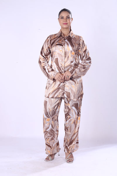 Luxury Zaara Poly Satin A Classic Collar And Full-Lenth Co-Ord Set For Women Styls