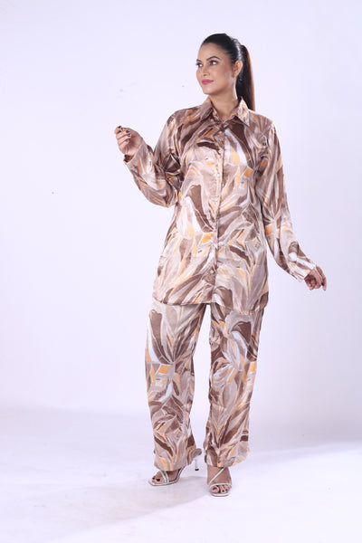 Luxury Zaara Poly Satin A Classic Collar And Full-Lenth Co-Ord Set For Women Styls