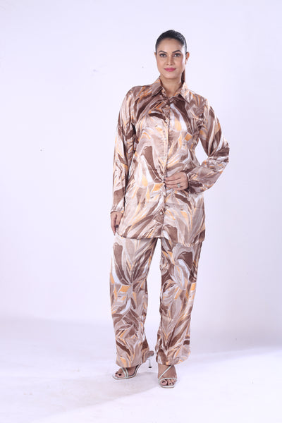 Luxury Zaara Poly Satin A Classic Collar And Full-Lenth Co-Ord Set For Women Styls