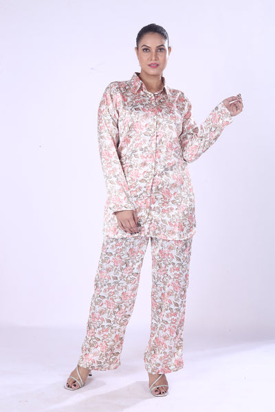New Outfit Pink And Gray Floral Print Log Shirt Pants Co-Ord Set At Women For A Casule Day