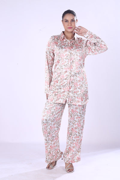 New Outfit Pink And Gray Floral Print Log Shirt Pants Co-Ord Set At Women For A Casule Day