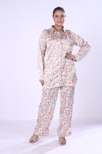 New Outfit Pink And Gray Floral Print Log Shirt Pants Co-Ord Set At Women For A Casule Day