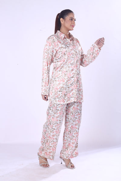New Outfit Pink And Gray Floral Print Log Shirt Pants Co-Ord Set At Women For A Casule Day