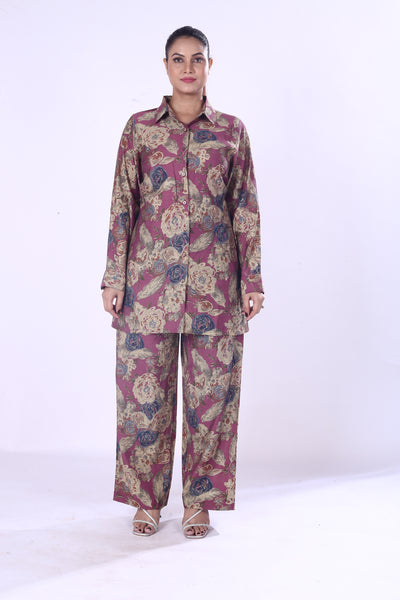 Classical Look Maroon Base Floral Print The Cotton Silk Co-Ord Set For Women