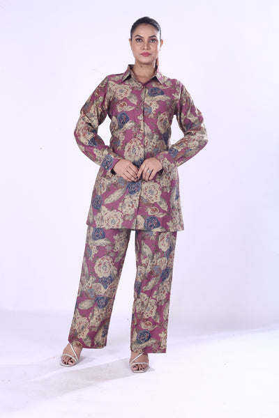 Classical Look Maroon Base Floral Print The Cotton Silk Co-Ord Set For Women