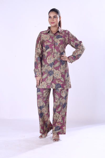 Classical Look Maroon Base Floral Print The Cotton Silk Co-Ord Set For Women