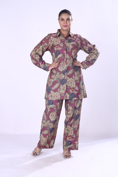 Classical Look Maroon Base Floral Print The Cotton Silk Co-Ord Set For Women