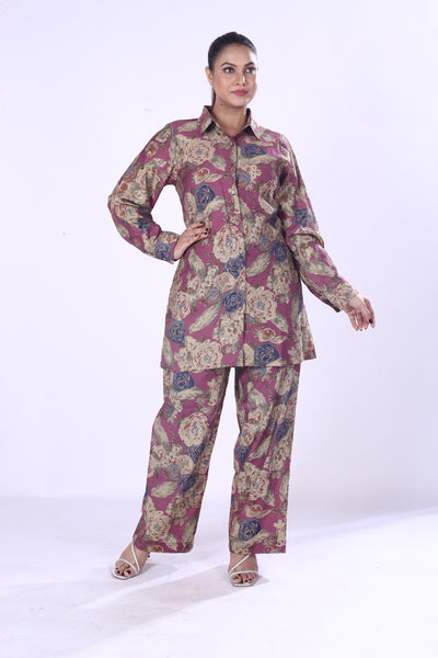 Classical Look Maroon Base Floral Print The Cotton Silk Co-Ord Set For Women