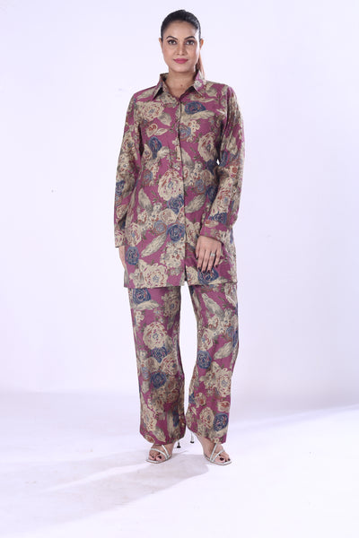 Classical Look Maroon Base Floral Print The Cotton Silk Co-Ord Set For Women