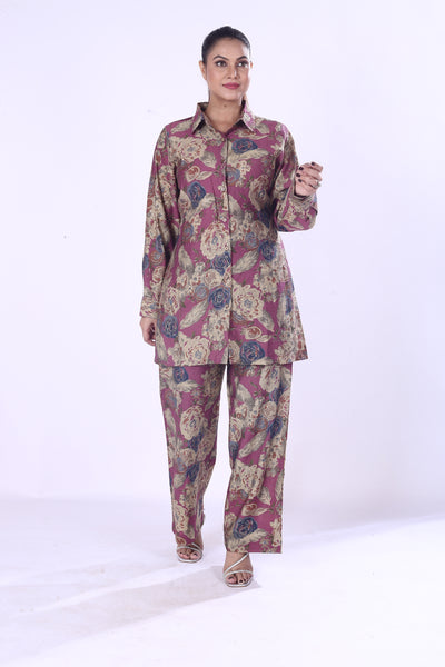 Classical Look Maroon Base Floral Print The Cotton Silk Co-Ord Set For Women