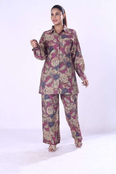 Classical Look Maroon Base Floral Print The Cotton Silk Co-Ord Set For Women