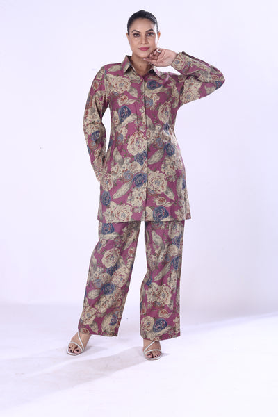 Classical Look Maroon Base Floral Print The Cotton Silk Co-Ord Set For Women