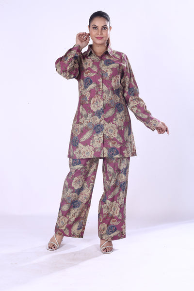 Classical Look Maroon Base Floral Print The Cotton Silk Co-Ord Set For Women