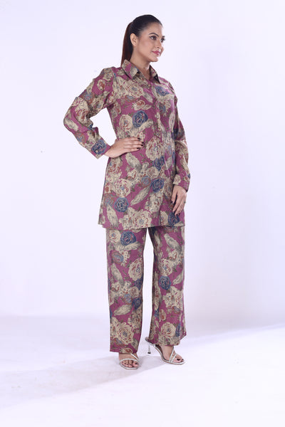 Classical Look Maroon Base Floral Print The Cotton Silk Co-Ord Set For Women