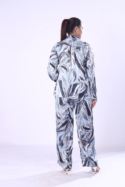 Blue & Silver Satin Co-Ord Set for Women Luxe Zaara Poly Leaf Print
