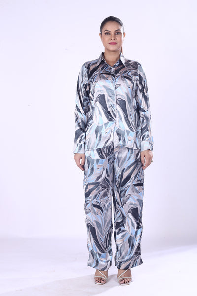 Blue & Silver Satin Co-Ord Set for Women Luxe Zaara Poly Leaf Print