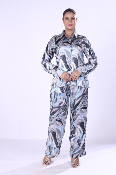 Blue & Silver Satin Co-Ord Set for Women Luxe Zaara Poly Leaf Print