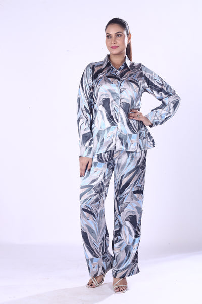 Blue & Silver Satin Co-Ord Set for Women Luxe Zaara Poly Leaf Print