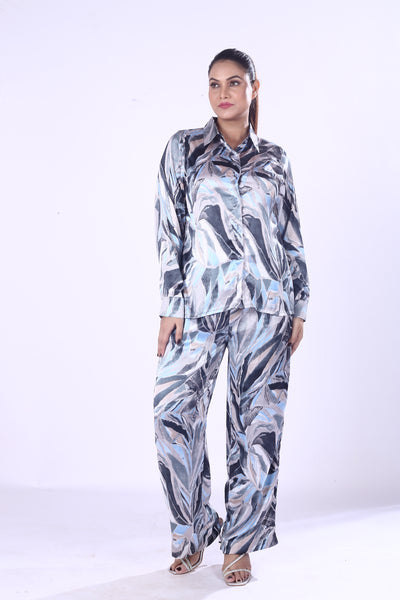Blue & Silver Satin Co-Ord Set for Women Luxe Zaara Poly Leaf Print