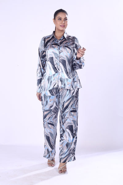 Blue & Silver Satin Co-Ord Set for Women Luxe Zaara Poly Leaf Print