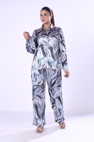 Blue & Silver Satin Co-Ord Set for Women Luxe Zaara Poly Leaf Print
