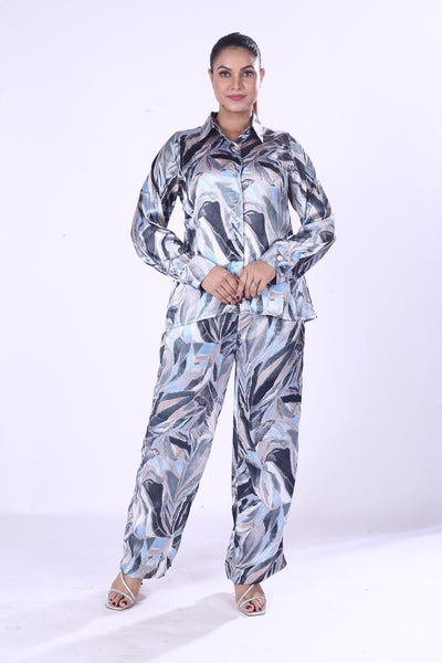 Blue & Silver Satin Co-Ord Set for Women Luxe Zaara Poly Leaf Print