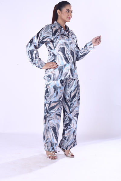 Blue & Silver Satin Co-Ord Set for Women Luxe Zaara Poly Leaf Print