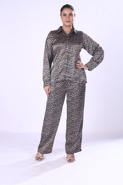 Leopard Print Satin Co-Ord Set Women’s Stylish Poly Satin Shirt & Pants